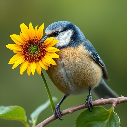 Blue tit holding sunflower heart in beak