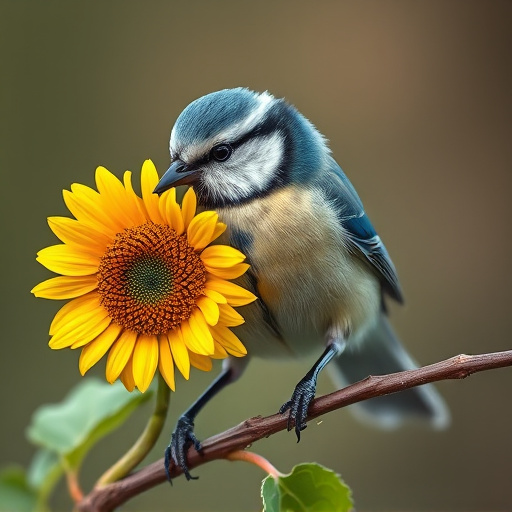 Blue tit holding sunflower heart in beak