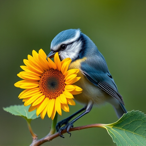 Blue tit holding sunflower heart in beak