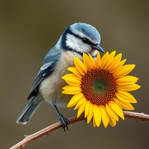 Blue tit holding sunflower heart in beak