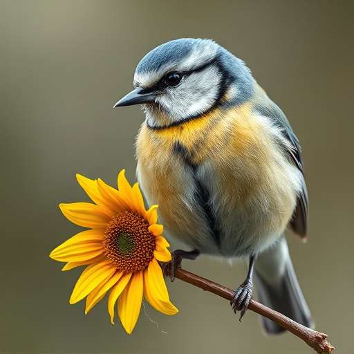 Blue tit holding sunflower heart in beak