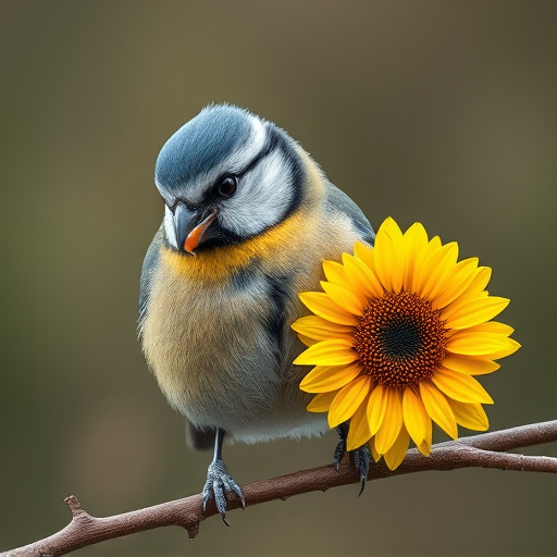 Blue tit holding sunflower heart in beak
