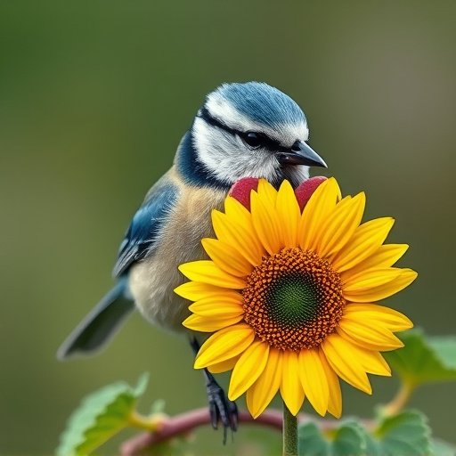 Blue tit holding sunflower heart in beak