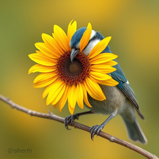 Blue tit holding sunflower heart in beak