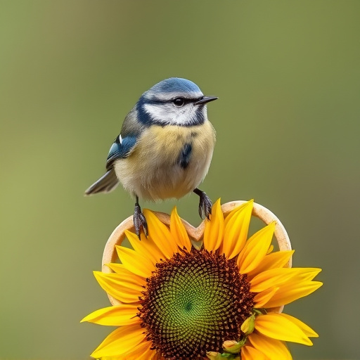 Blue tit perched on sunflower heart feeder