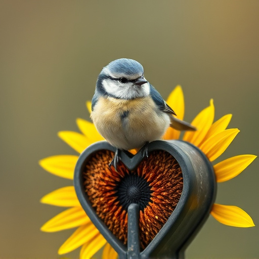 Blue tit perched on sunflower heart feeder
