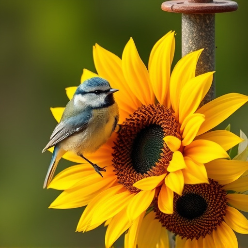 Blue tit perched on sunflower heart feeder