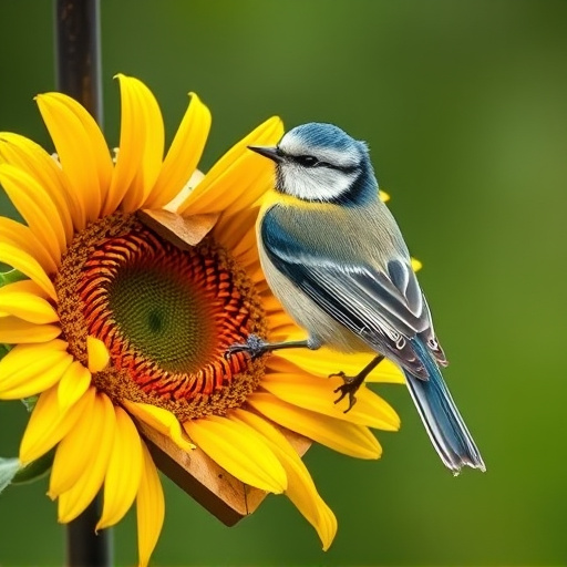 Blue tit perched on sunflower heart feeder
