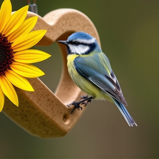 Blue tit perched on sunflower heart feeder