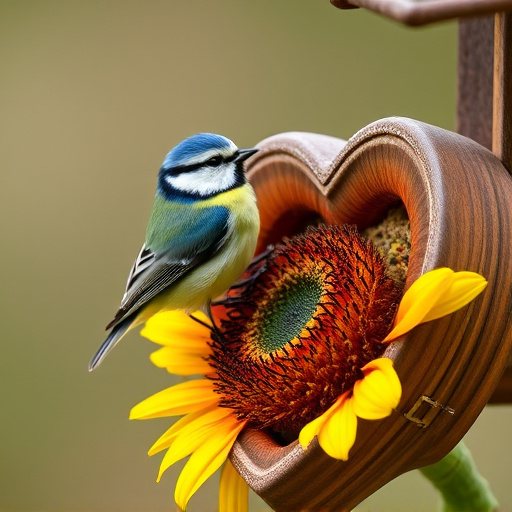 Blue tit perched on sunflower heart feeder