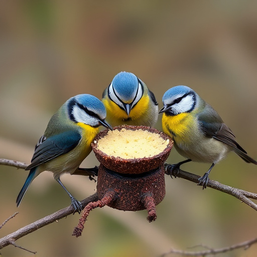 Blue tits and robins eating suet