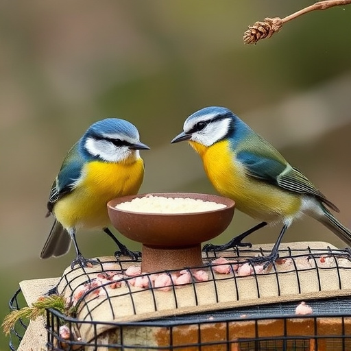 Blue tits and robins eating suet