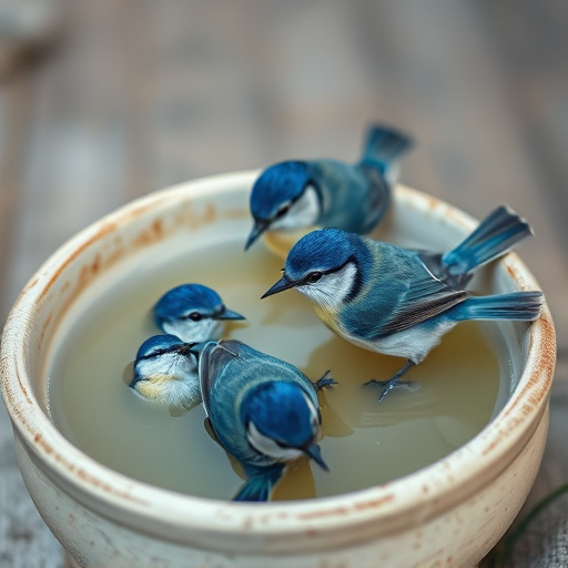 Blue tits bathing in shallow ceramic bowl