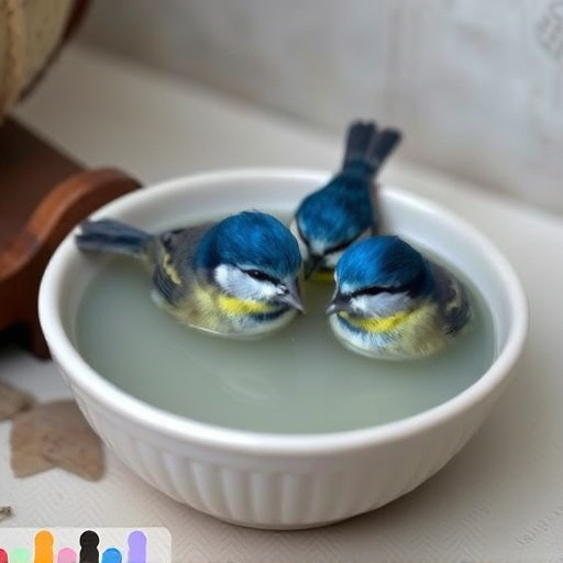 Blue tits bathing in shallow ceramic bowl