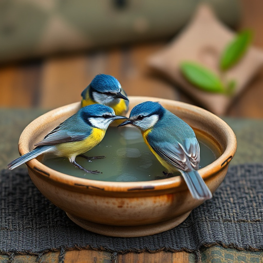 Blue tits bathing in shallow ceramic bowl