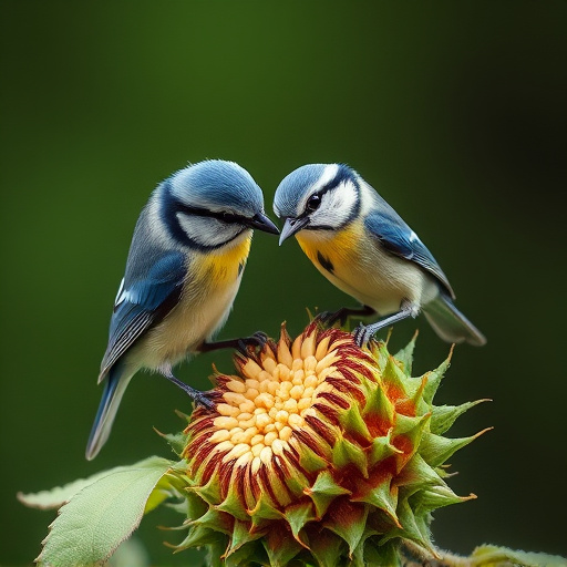 Blue tits feeding on sunflower seeds
