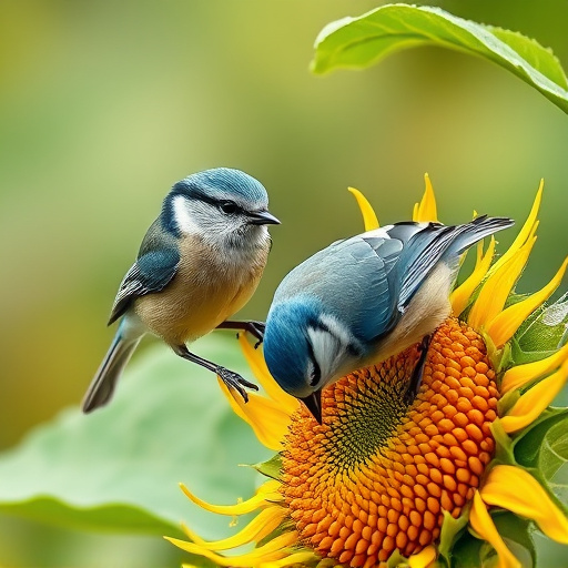 Blue tits feeding on sunflower seeds