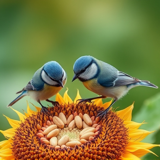 Blue tits feeding on sunflower seeds