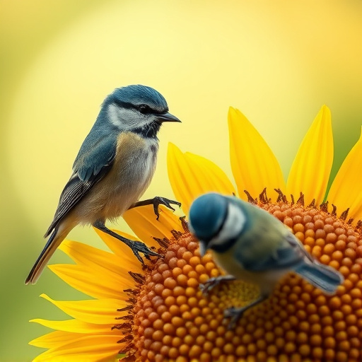 Blue tits feeding on sunflower seeds