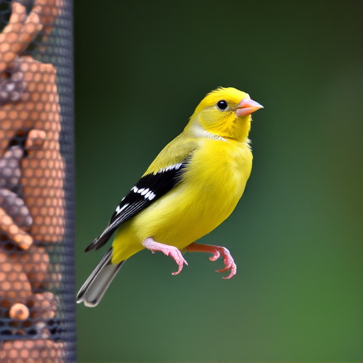 Bright yellow finch perched on mesh tube