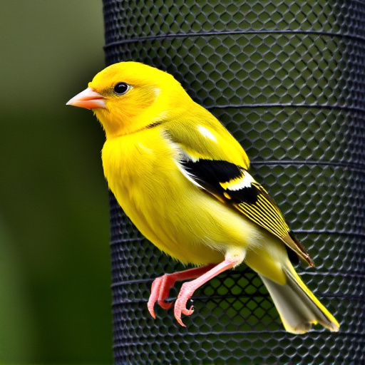 Bright yellow finch perched on mesh tube