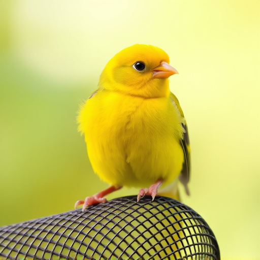 Bright yellow finch perched on mesh tube