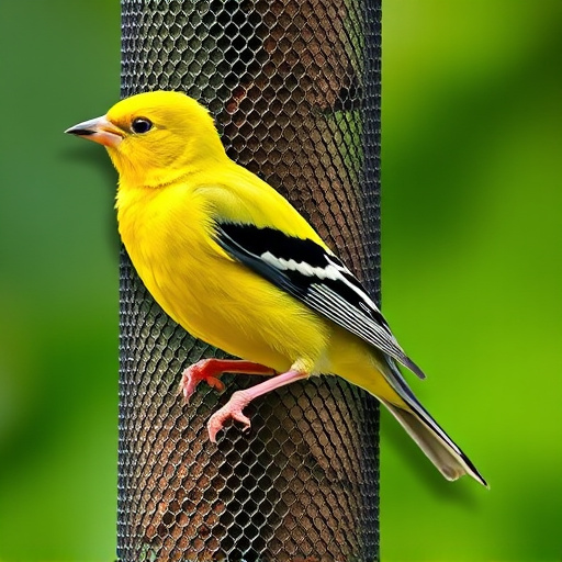 Bright yellow finch perched on mesh tube