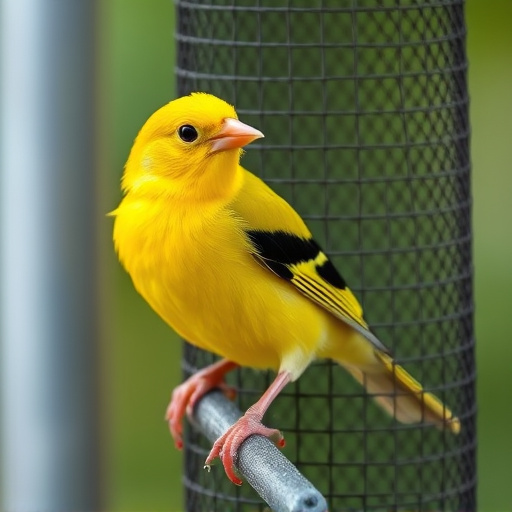 Bright yellow finch perched on mesh tube