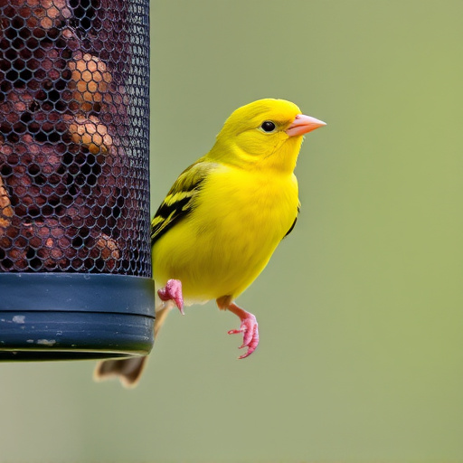 Bright yellow finch perched on mesh tube