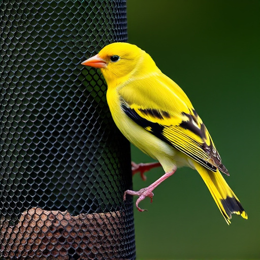Bright yellow finch perched on mesh tube