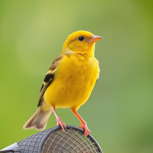 Bright yellow finch perched on mesh tube