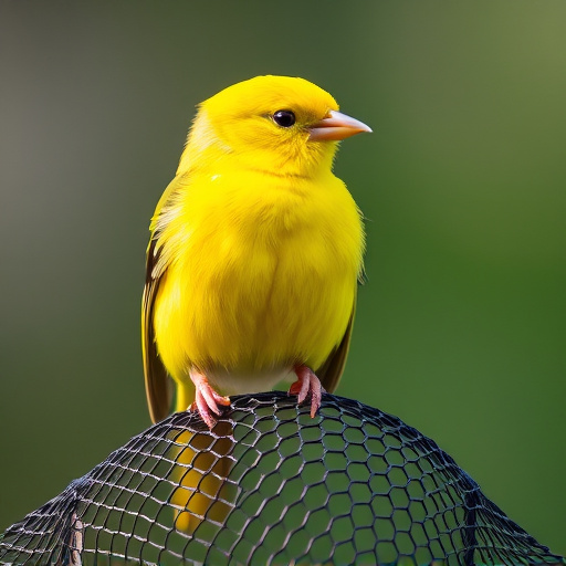 Bright yellow finch perched on mesh tube