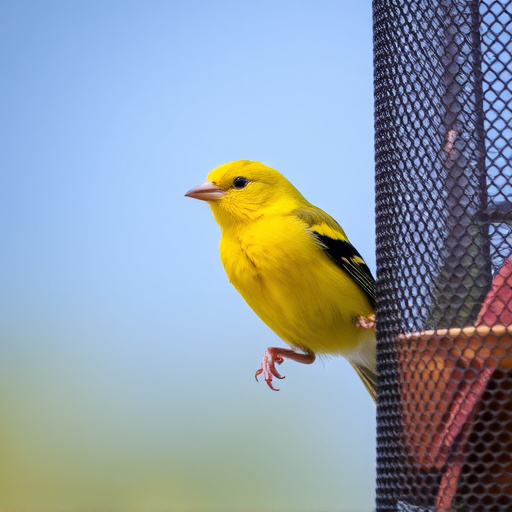 Bright yellow finch perched on mesh tube