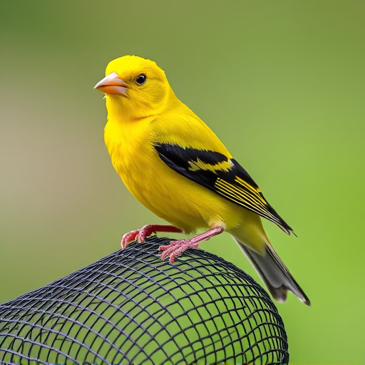 Bright yellow finch perched on mesh tube
