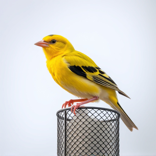 Bright yellow finch perched on mesh tube