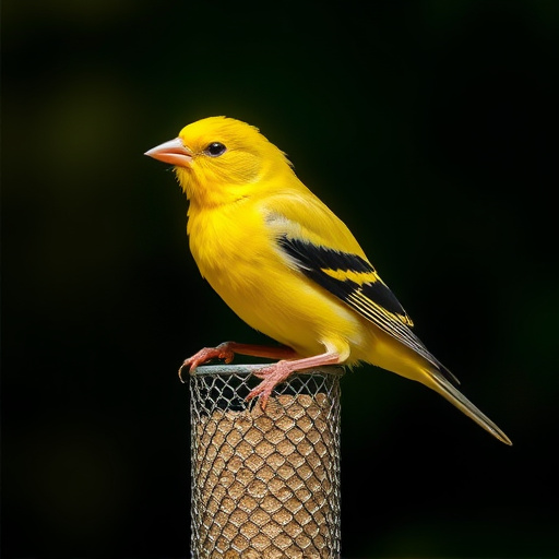 Bright yellow finch perched on mesh tube