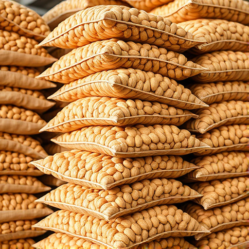 Bulk bags of peanuts stacked neatly