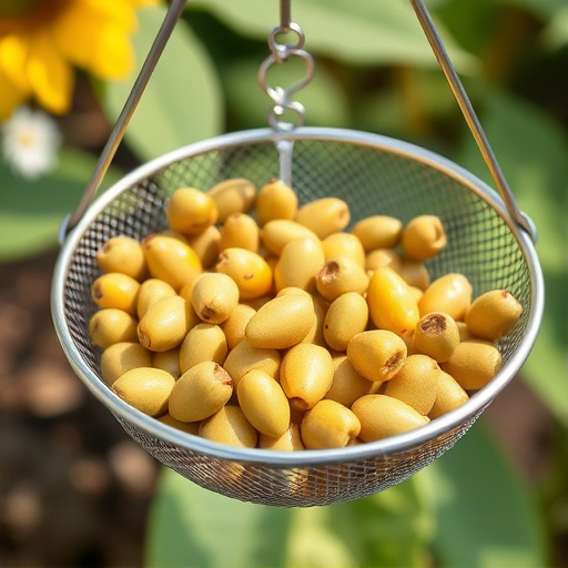 Clean sunflower hearts in metal mesh feeder