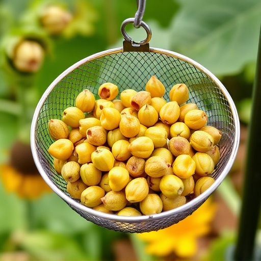 Clean sunflower hearts in metal mesh feeder