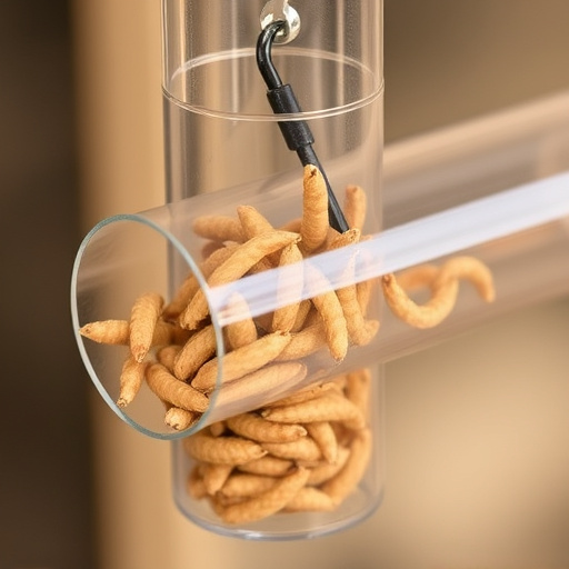 Clear tube feeder filled with dried mealworms