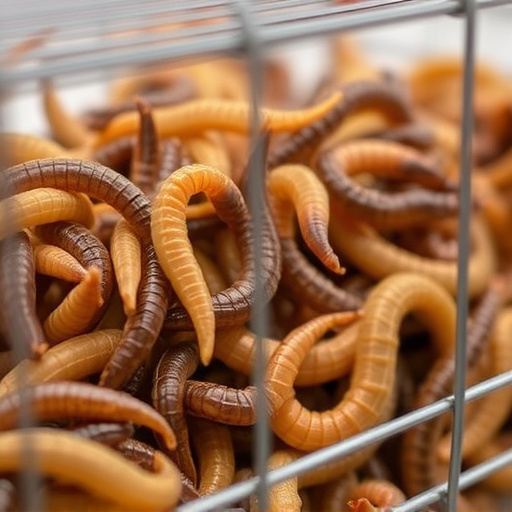 Close-up of mealworms in wire cage