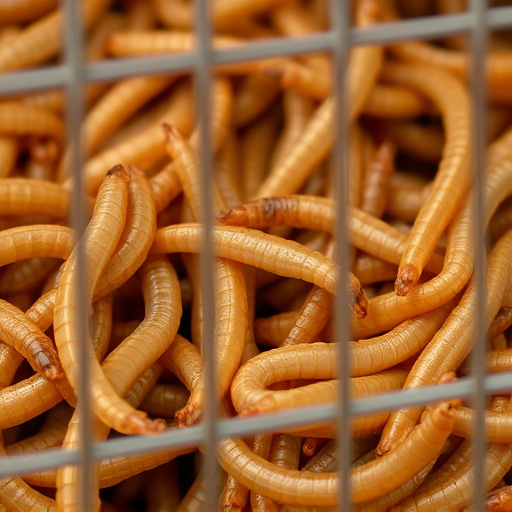 Close-up of mealworms in wire cage