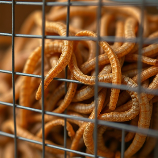 Close-up of mealworms in wire cage
