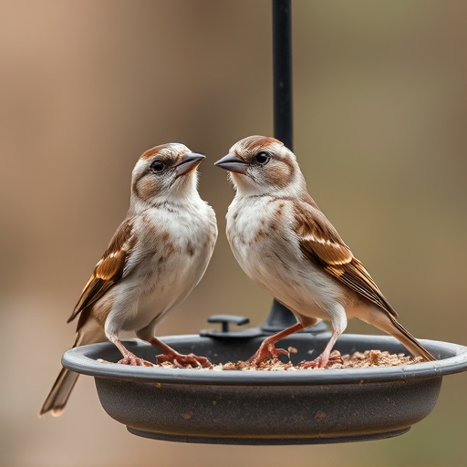 Close-up of sparrows at ground feeder