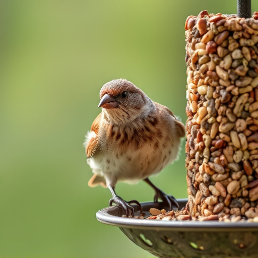 Close-up of sparrows at ground feeder