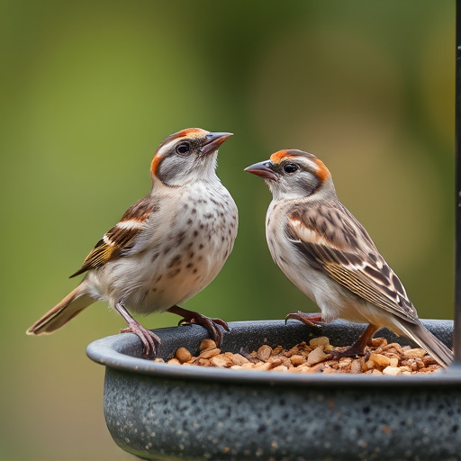 Close-up of sparrows at ground feeder