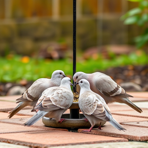 Collared doves eating from patio ground feeder
