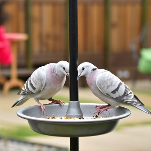 Collared doves eating from patio ground feeder