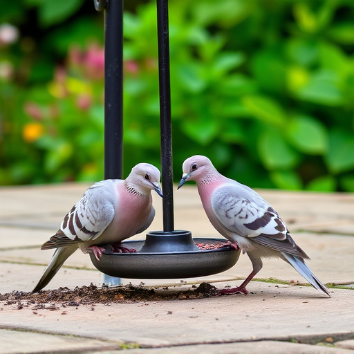 Collared doves eating from patio ground feeder