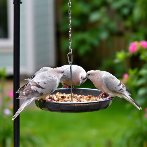 Collared doves eating from patio ground feeder